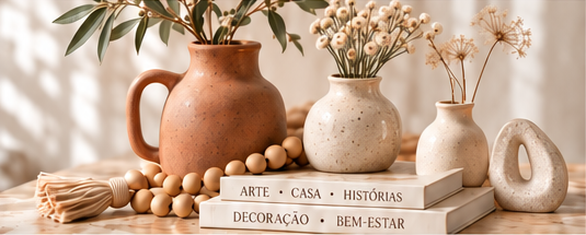 Vaso terracota com alça, vasos claros com flores secas, contas de madeira, livros em português e escultura em pedra clara